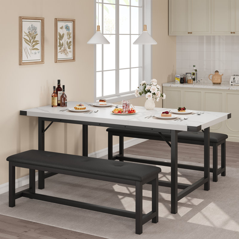 Ensemble de table et de chaises de salle à manger extensibles de 160 cm pour 4 à 6 personnes, table de cuisine rectangulaire avec 2 banquettes rembourrées, gain de place, structure en métal de style industriel, idéal pour un appartement ou une salle à manger, marbre blanc