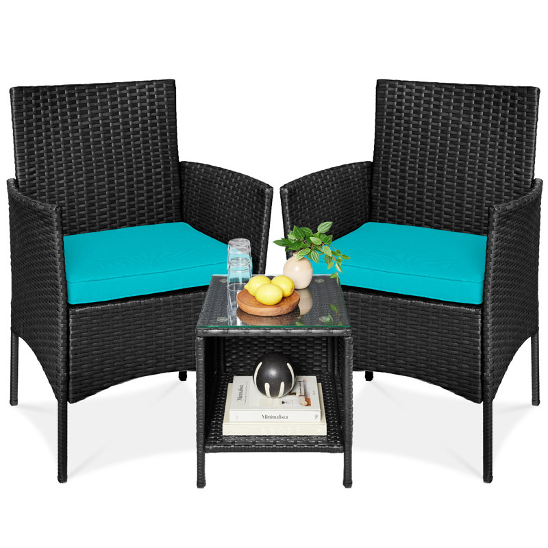 Nasrul 3-Piece Outdoor Wicker Conversation Patio Bistro Set, w/ 2 Chairs, Table, Teal, Black
