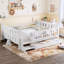 Lit double pleine grandeur pour enfant avec bibliothèque de rangement, tiroirs, escaliers et garde-corps, lit plateforme en bois massif, sans sommier, blanc-133338820-133338819