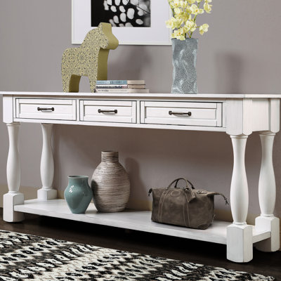 Console 63 po, structure en bois massif, 3 tiroirs et tablette, blanc antique, construction, style Mid-Century 63 po avec espace supplémentaire fonctionnel