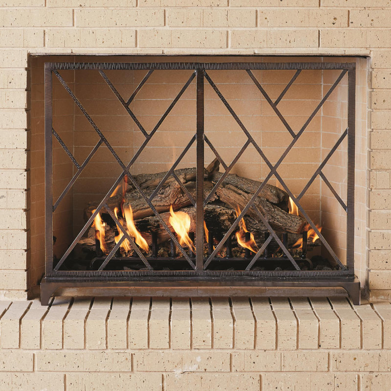 Chinoise Fret Fireplace Screen, Bronze