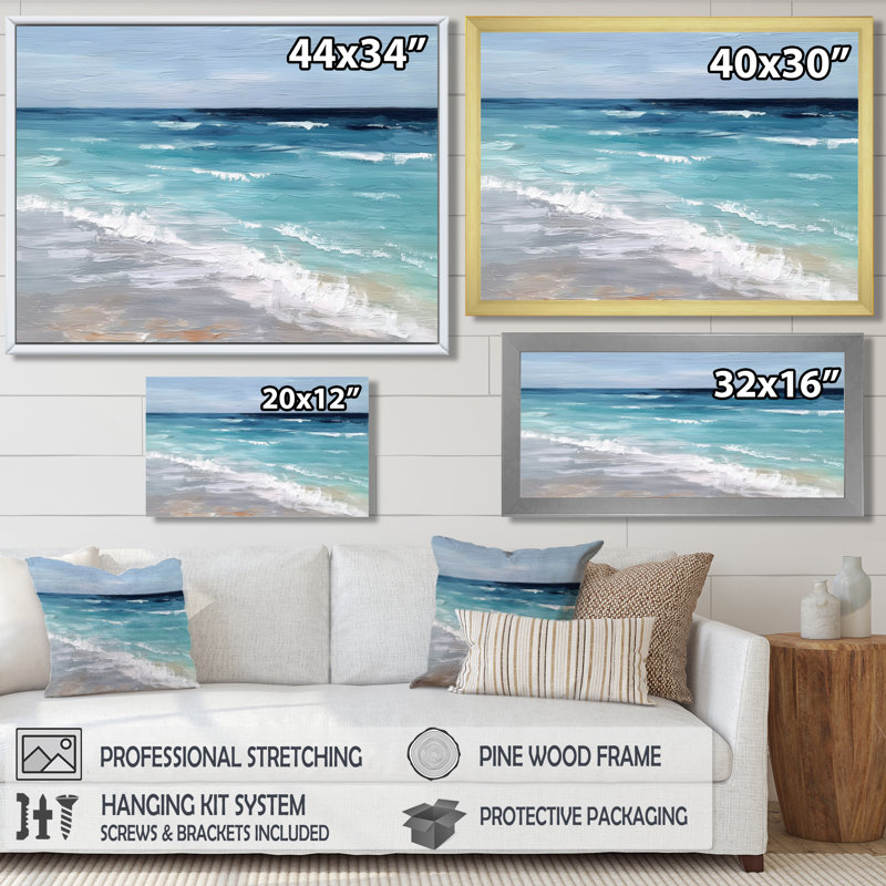 Blue And White Coastal Beach Wonder - Beach Wall Art, White Coastal Canvas Print, 34" H x 44" W, Floater Framed, Cream