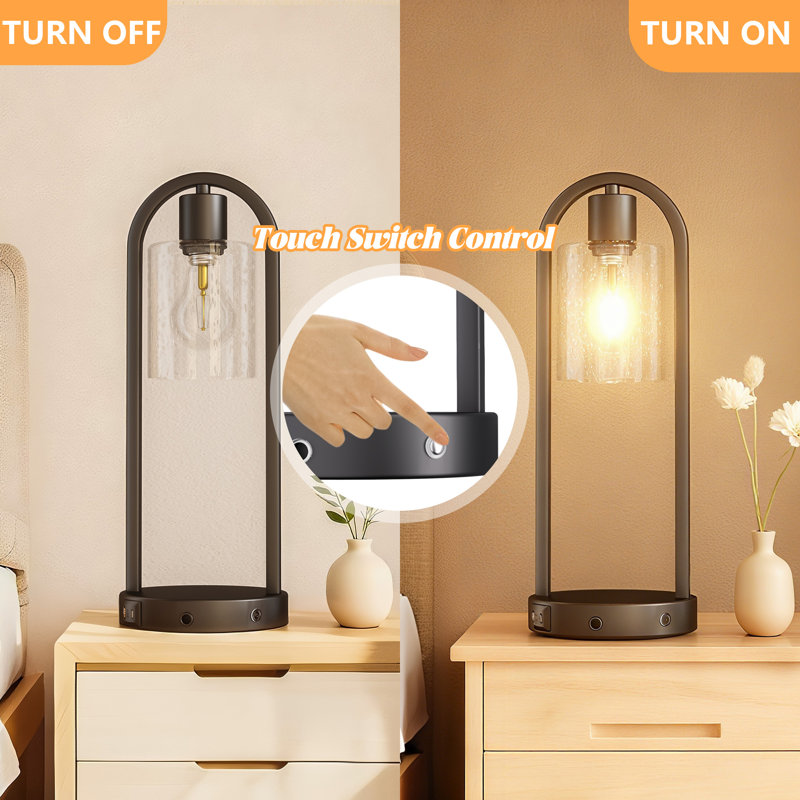 16" Small Black Metal & Glass Table Lamp (touch Control) - Mcm Modern Funky Accent Table Lamps For Bedroom Nightstand/desk, Living Room & Nursery 