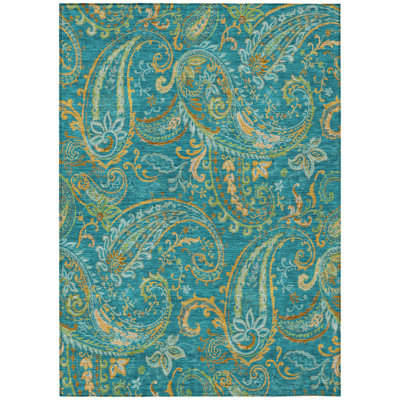 3' X 5' Teal Paisley Washable Non Skid Indoor Outdoor Area Rug
