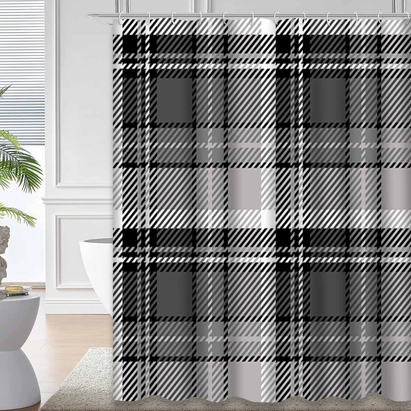 Rideau de douche sans couture à motif abstrait tartan blanc avec 12 crochets, L 72 po x l 84 po