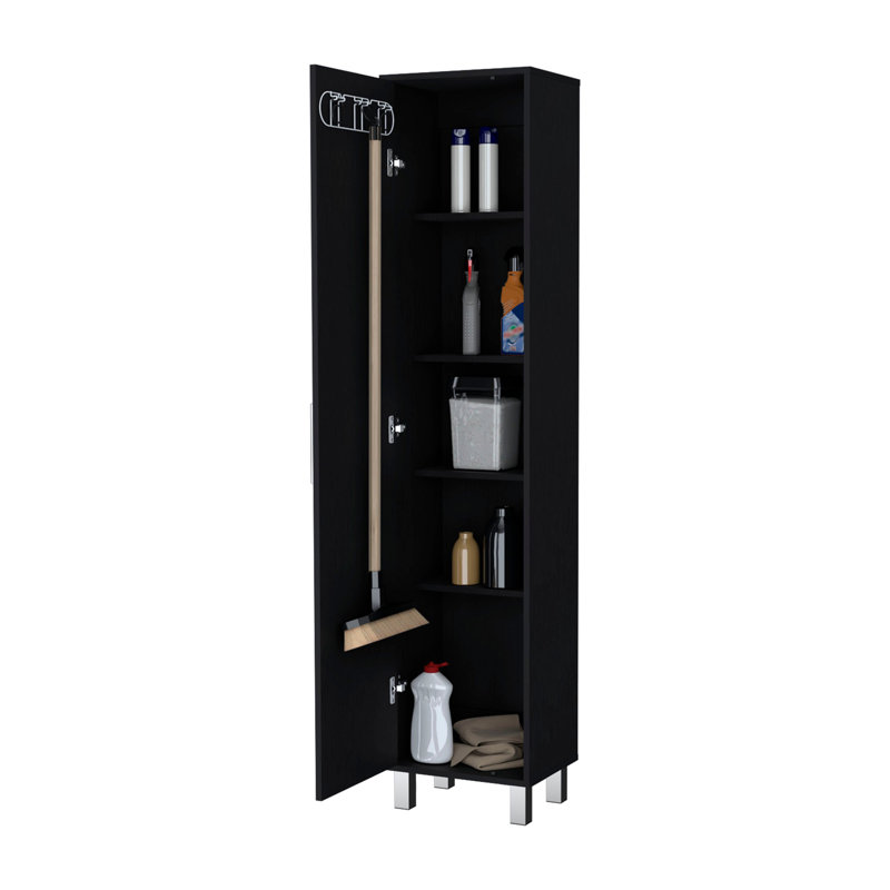 Storage Cabinet 71"H with 5-Tier Shelf, 3 Broom Hangers and Metal hardware, Black, 70.8" H x 15.7" W x 11.7" D