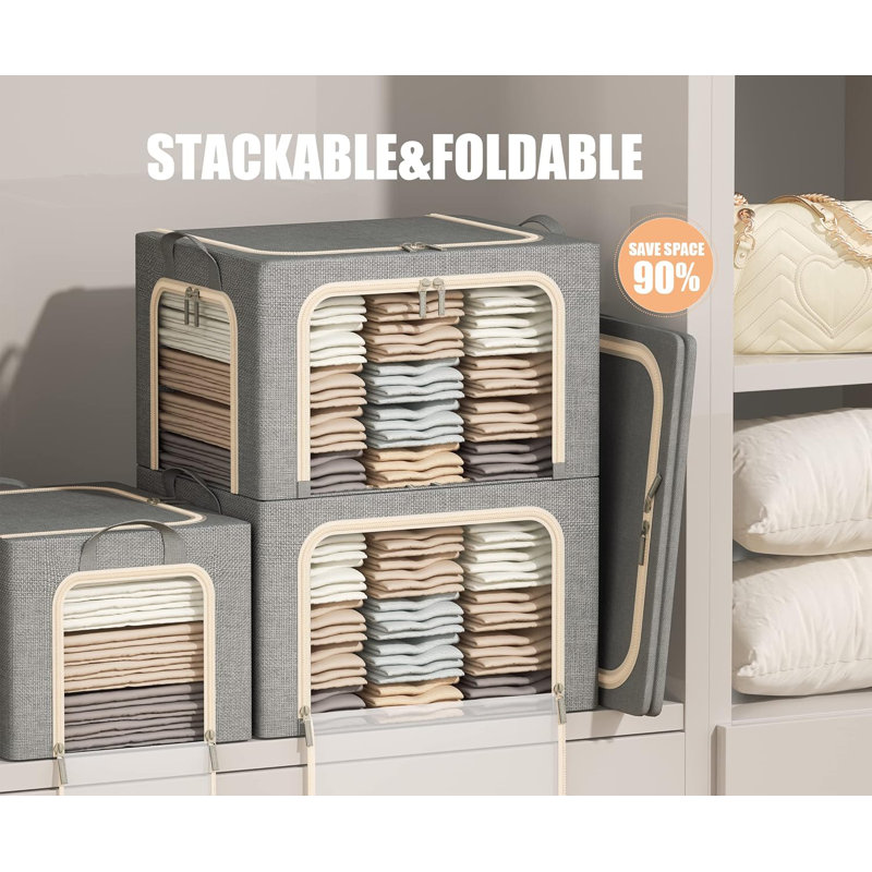 3 Openings Clothes Storage Bins With Metal Frame, Foldable Storage Bin For Clothes, Clothing Storage Bins With Lid, Linen Storage Box With Clear Window& Zippers& Durable Handles.(3 Pcs,Light Grey,40L)