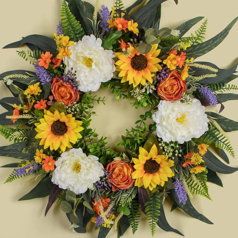 Couronne de printemps et d'automne pour porte d'entrée - Couronne de pivoines et d'eucalyptus pour le porche, maison de campagne et décor saisonnier