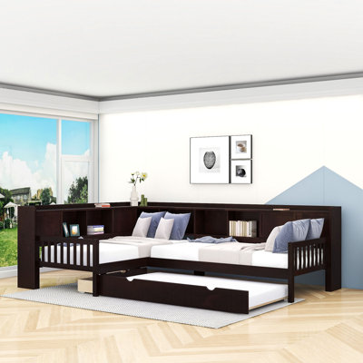 Twin L-Shaped Platform Bed With Twin Trundle And Storage Drawer,Shelves