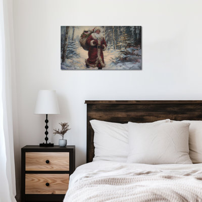  Art mural de Noël sur toile, impressions de toile du Père Noël dans la forêt enneigée, peinture murale de scène de vacances d'hiver, œuvre d'art suspendue de Noël pour le salon et les décorations festives intérieures, 40 po x 20 po