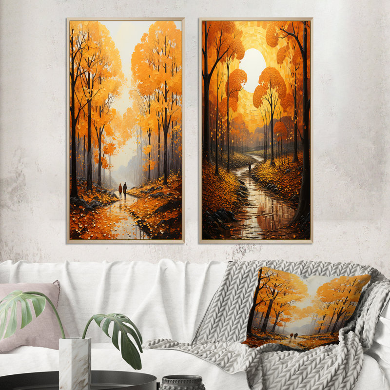 «Bold Yellow Forest Giants Pointillism» «Bold Yellow Forest Giants Pointillism» 2 - Pièces sur, Encadrement brun