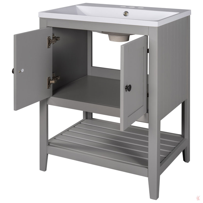 Lavabo de salle de bain moderne élégant en céramique 24 po avec tablette ouverte en bois massif, Gris