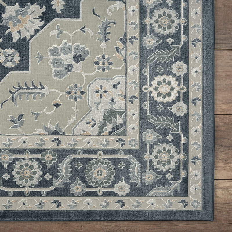 Tapis bleu marine / gris clair / crème, Rectangle 5 pi 3 po x 7 pi 6 po