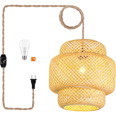 Luminaire suspendu en rotin à brancher avec lampe à suspendre en bambou et cordon à brancher, abat-jour en osier tressé à la main tissé à la main, plafonnier à brancher pour le salon, la cuisine et la chambre à coucher