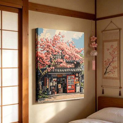 Japanese Cherry Blossom Canvas Wall Art,Vintage Convenience Store Painting Picture Wall Decor,Elegant Scenery Poster Print Artwork For Living Room Bedroom Office Home Decoration 16X24in