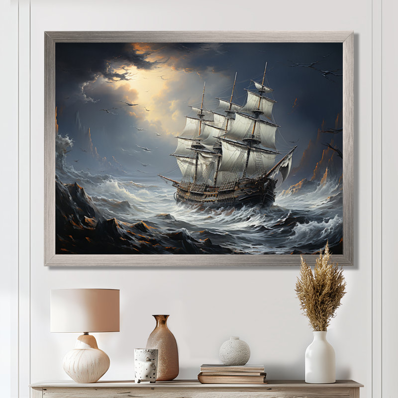 Bateau pirate à Stormy Seas I - décoration murale pirate, H 16 po x l 32 po x P 1 po, Encadrement argenté