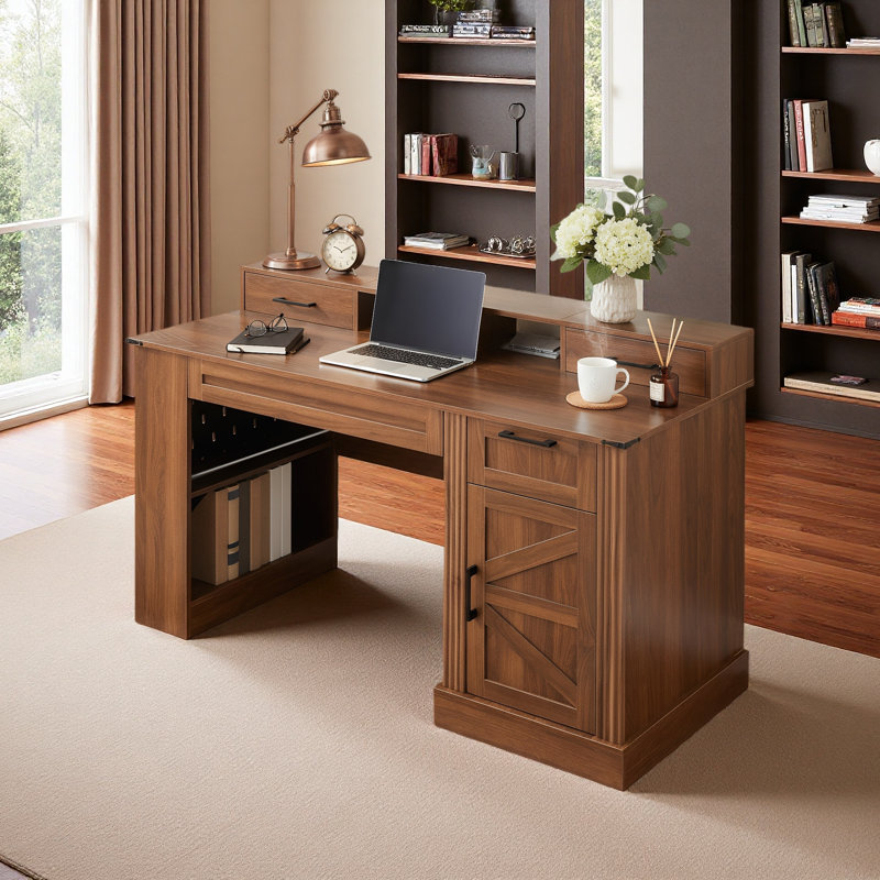 Bureau d'écriture 55 "avec armoire de rangement et station de charge, bureau d'écriture avec porte de grange et plateau pour clavier