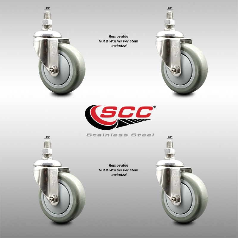 316SS Polyurethane Wheel Swivel Threaded Stem Caster Set, Gray