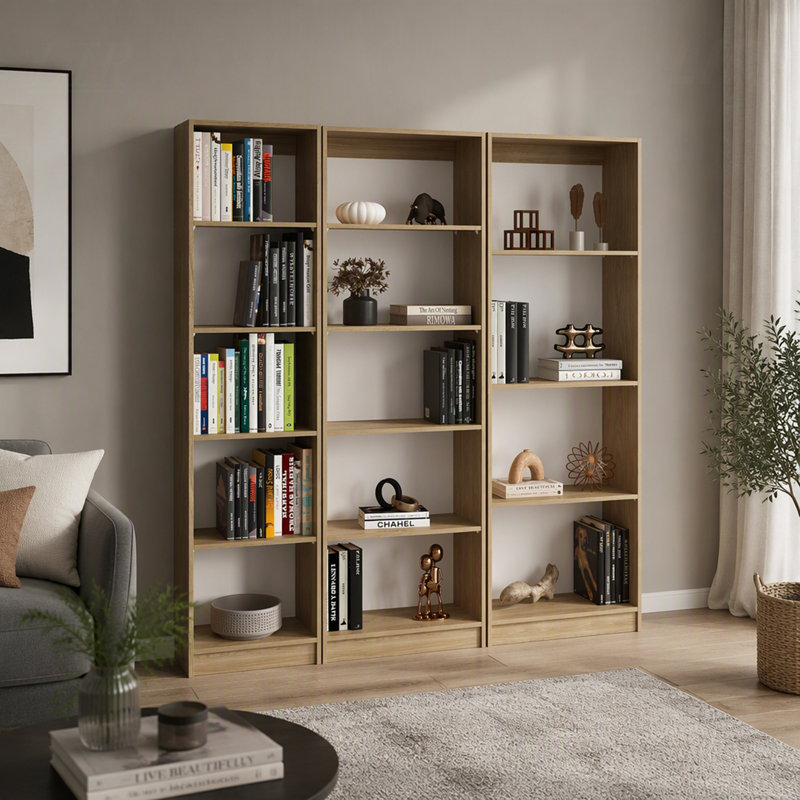 Ensemble de bibliothèque 3 pièces en chêne naturel avec étagères ouvertes pour un rangement et une présentation optimisés, parfait pour les intérieurs modernes.