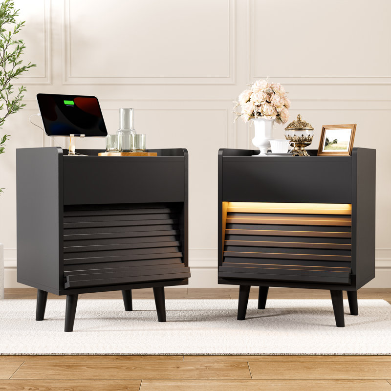 2 Drawer Bedside Table, Set of 2, Black