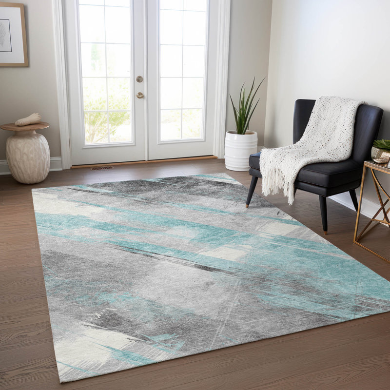 Blue Striped Synthetic Flat Woven 10' x 14' Washable Rug