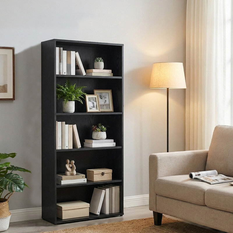 Bibliothèque, bibliothèque ouverte à 5 niveaux de 23,6 pouces de largeur avec tablettes de rangement réglables, unité au sol, noir ébène