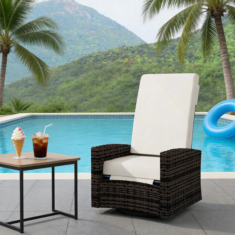 Swivel Recliner,Outdoor Wicker Swivel Recliner Chair, Khaki Cushion/Black Frame