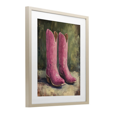 Distressed Pink Cowgirl Boots Framed Print Under Glass, Design By Petal Prints Design