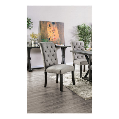 Set of 2 Rustic Tufted Dining Chairs - Light Grey Linen Fabric Upholstered Scroll Back Solid Wood Kitchen Side Chairs