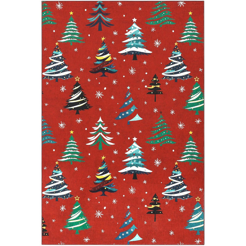 Runner Rug, Christmas Rugs with Xmas Tree Pattern for Holiday Decor, Non Slip Low Pile Washable Rug for Kitchen, Entryway, Living Room, Bedroom, Red