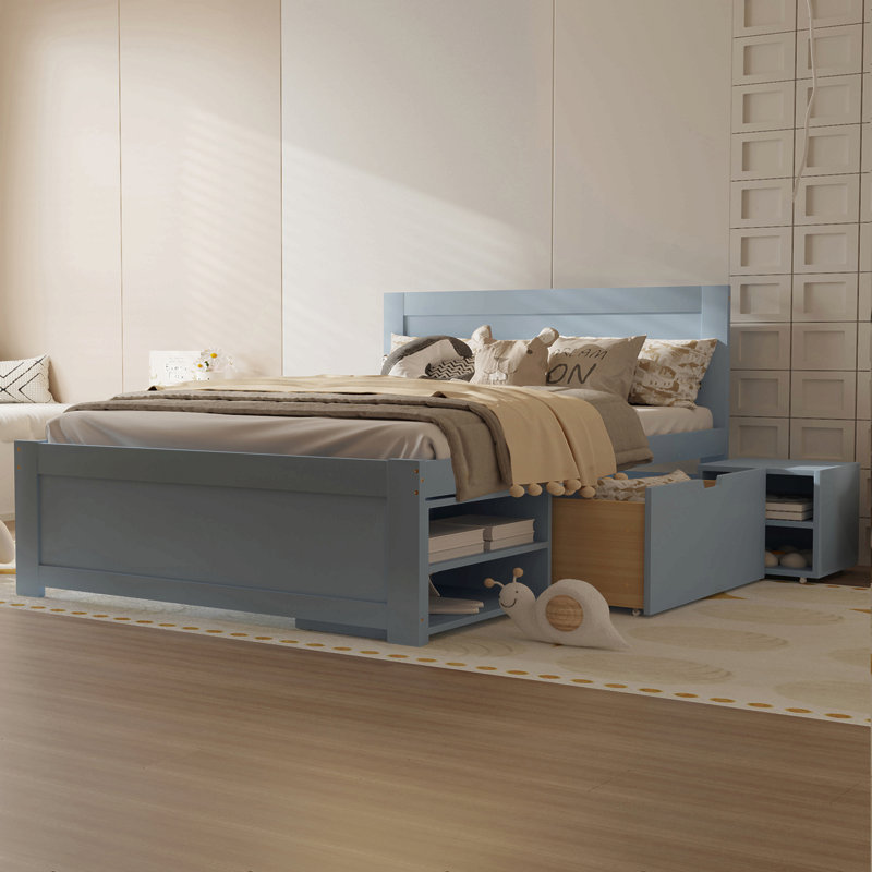 Platform Bed With Drawer And Two Shelves, Gray