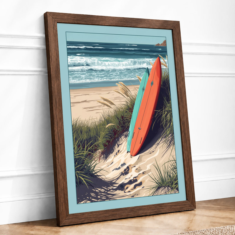 Surfboard at Dusk Coastal - Framed Print, A4 - 29.7 x 21.0 cm, Walnut