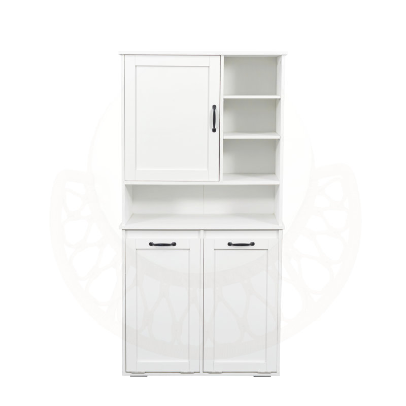 Armoire de buanderie autoportante avec portes, panier inclinable et plusieurs espaces de rangement, idéale pour les salles de lavage organisées et efficaces.