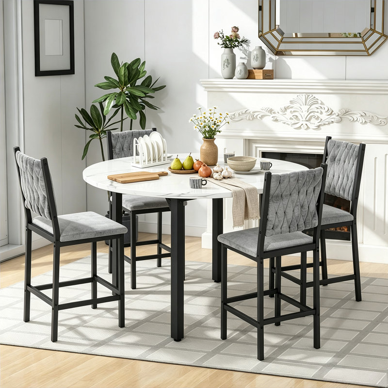 Ensemble de table de salle à manger 5 pièces, table de salle à manger ronde avec 4 chaises de cuisine rembourrées en velours pour petits espaces, cuisine, salon, structure en métal et plateau en panneau de fibres à densité moyenne, style contemporain moderne
