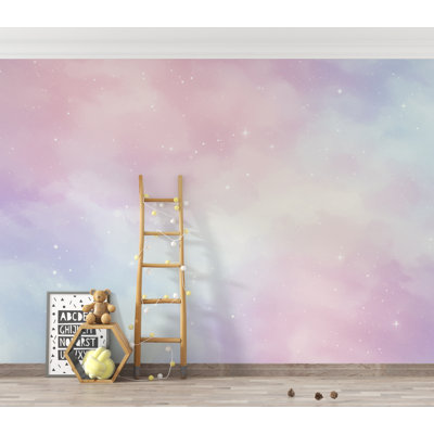 Pastel Space Nursery Wallpaper, Watercolor Stars and Nebula Print, Soft Celestial Decor for Baby Room, Pink Blue Neutral Space Art