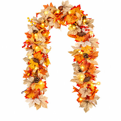 Fall Leaves Garland with Lights, Artificial Maple Leaf Fall Vines Autumn Garland with LED Lights for Thanksgiving Wedding Party Decor, Indoor Outdoor Farmhouse Home Decorations