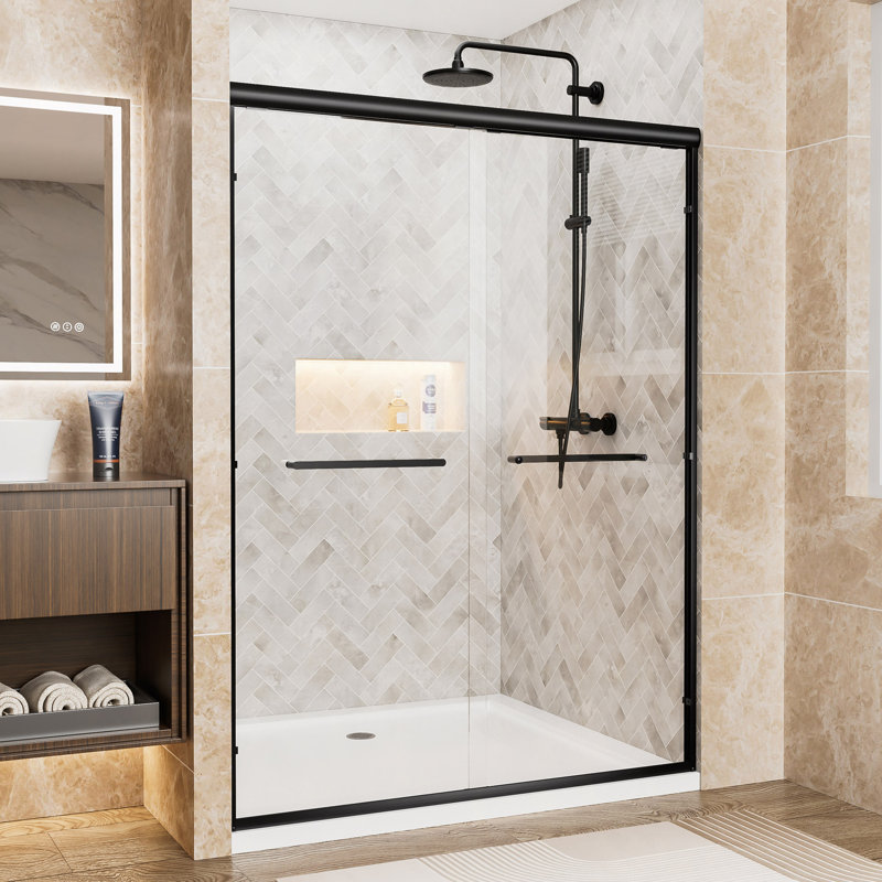 50"-54" W X 72" H Aluminum Frame Double Sliding Shower Door, 1/4" (6Mm) Clear Tempered Glass With Explosion-Proof Film, Dual Stainless Steel Handles