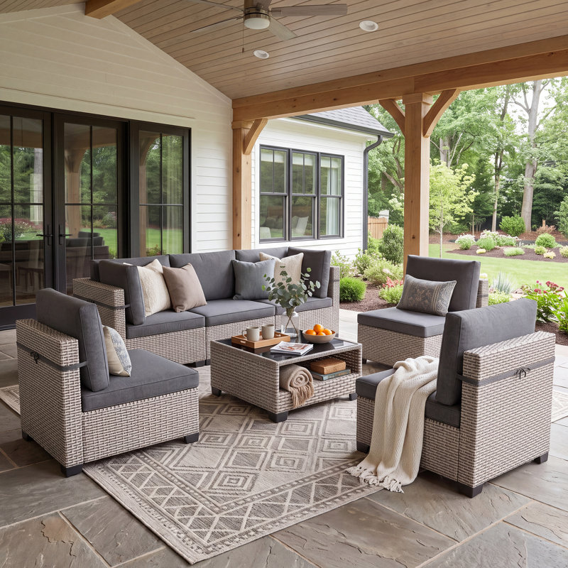 Ensemble de conversation d'extérieur, ensemble de jardin en résine tressée 6 personnes, groupe de sièges modulaire avec coussins, mobilier de jardin, mobilier d'extérieur et de terrasse avec tables de patio, gris
