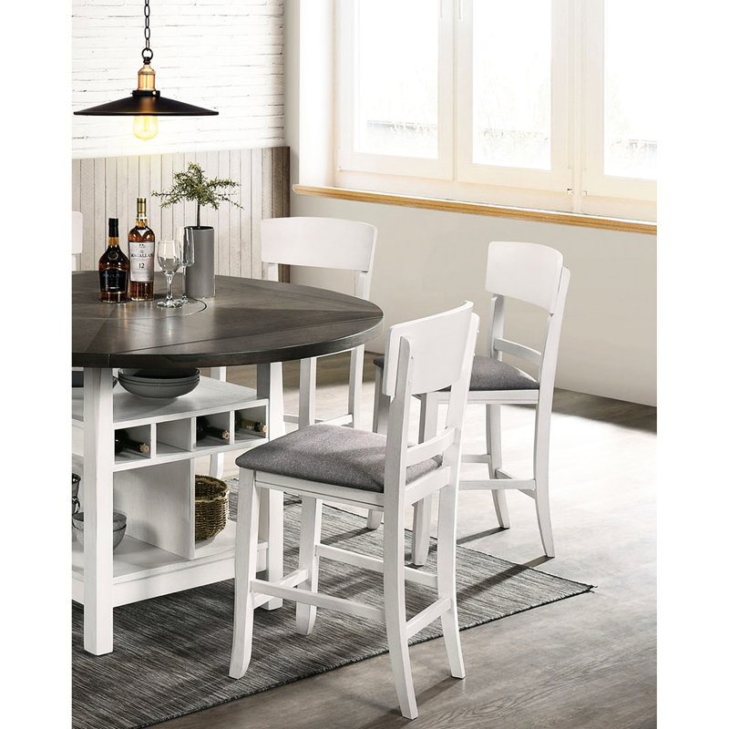 2 chaises de salle à manger à hauteur de comptoir - siège en bois massif blanc et tissu rembourré gris de style contemporain 2
