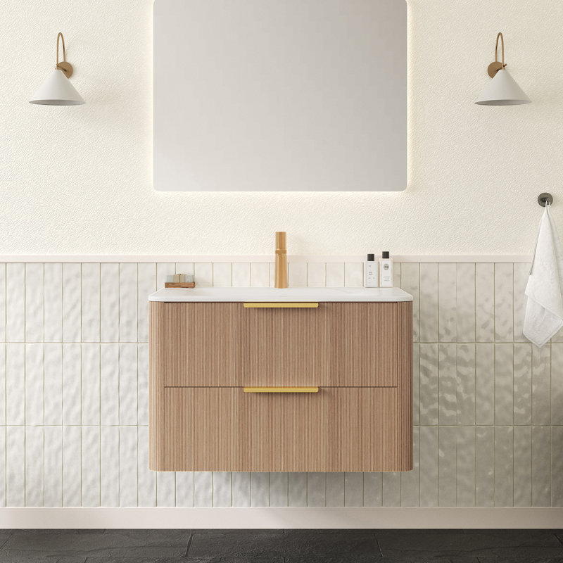 Lavabo flottant intégré en pierre frite 30 po, Chêne clair, L 30 po