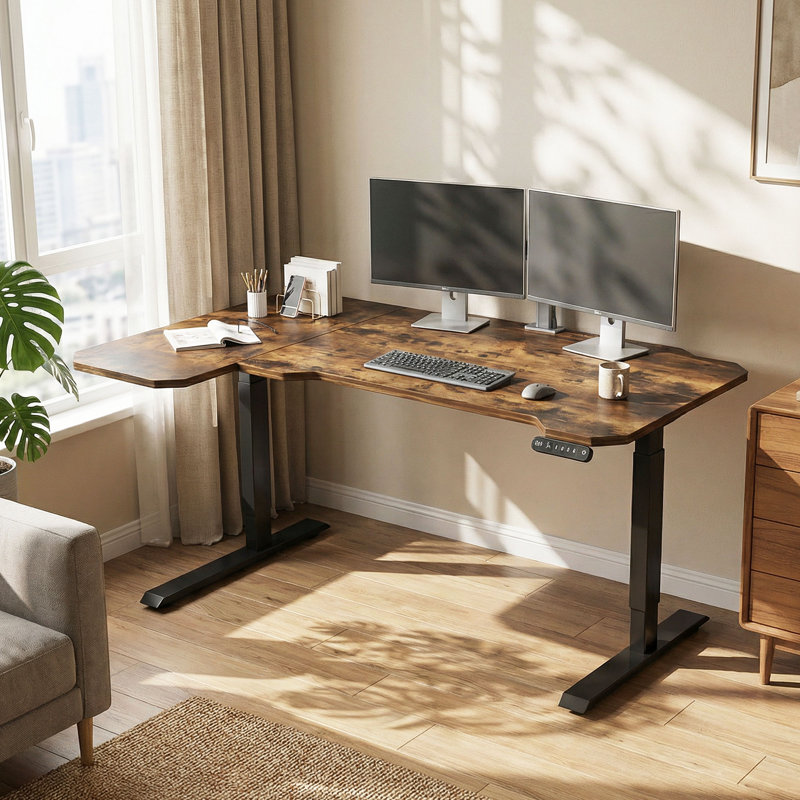 Bureau debout électrique en L 59 "x 40" avec contrôleur de mémoire, série DESK-QWA-4E2B-22, Brun / Noir
