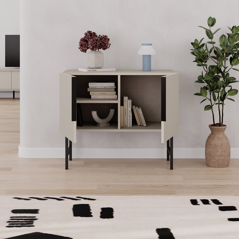  Modern Console Cabinet With Black Metal Legs, Living Room, Sandstone