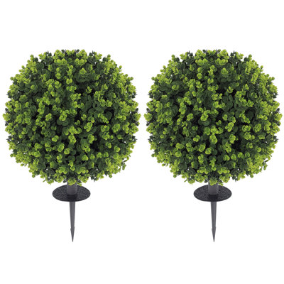 15.7 in Artificial Boxwood Topiary Ball Bush, PET, Set of 2, Faux Greenery with Ground Stake, Grey Green, UV Resistant