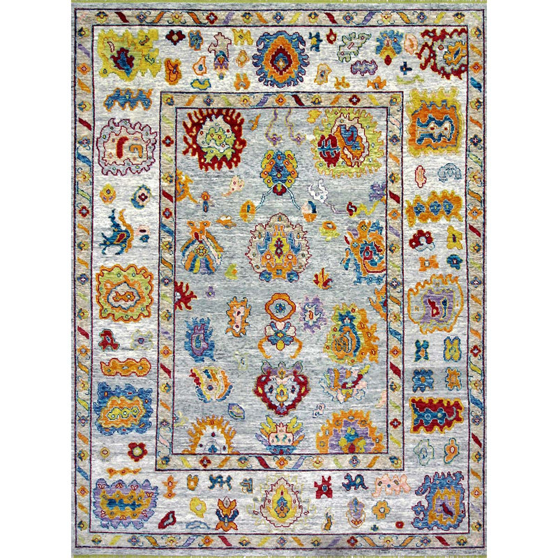 Tapis gris et gris clair de haute qualité noué à la main, Rectangle 8 pi x 10 pi