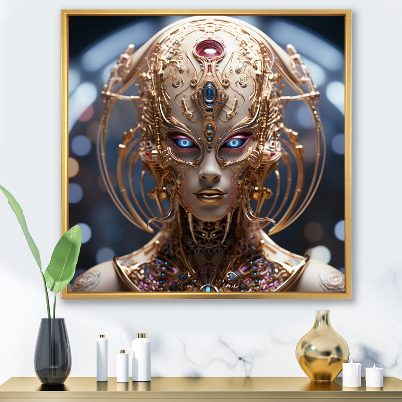 Sci-Fi, portrait d'une déesse futuriste dorée - Portraits abstraits, décoration murale, H 36 po x l 36 po x P 1,5 po