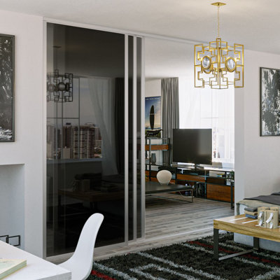 3 Panel Smoked Glass Sliding Room Divider with Aluminum Frame Silent Glide technology
