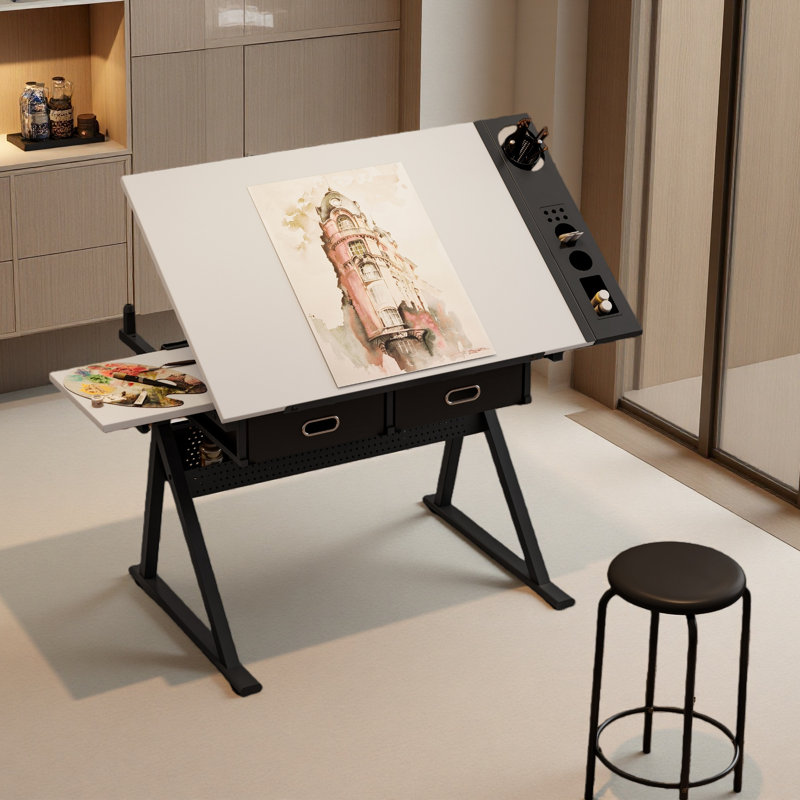 Bureau de dessin réglable avec 2 tiroirs pour bureau à domicile et école avec tabouret