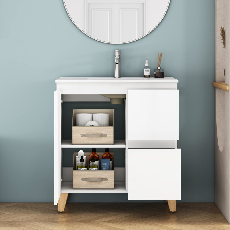 Lavabo de meuble-lavabo blanc lustré 31,5 po, armoire à poignées, tiroirs à fermeture douce, pieds en bois massif naturel pour une utilisation pratique en blanc, armoire avec 1 porte et 2 portes, rangement