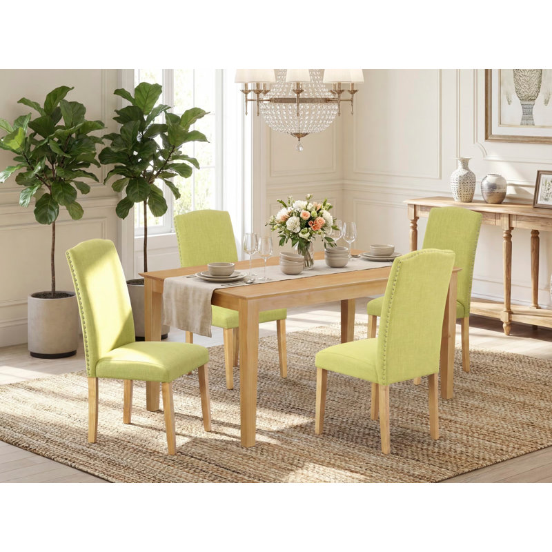 5 Piece Modern Dining Table Set Includes a Rectangle Wooden Table and 4 Limelight Linen Fabric Upholstered Parson Chairs, 36x60 Inch, Oak