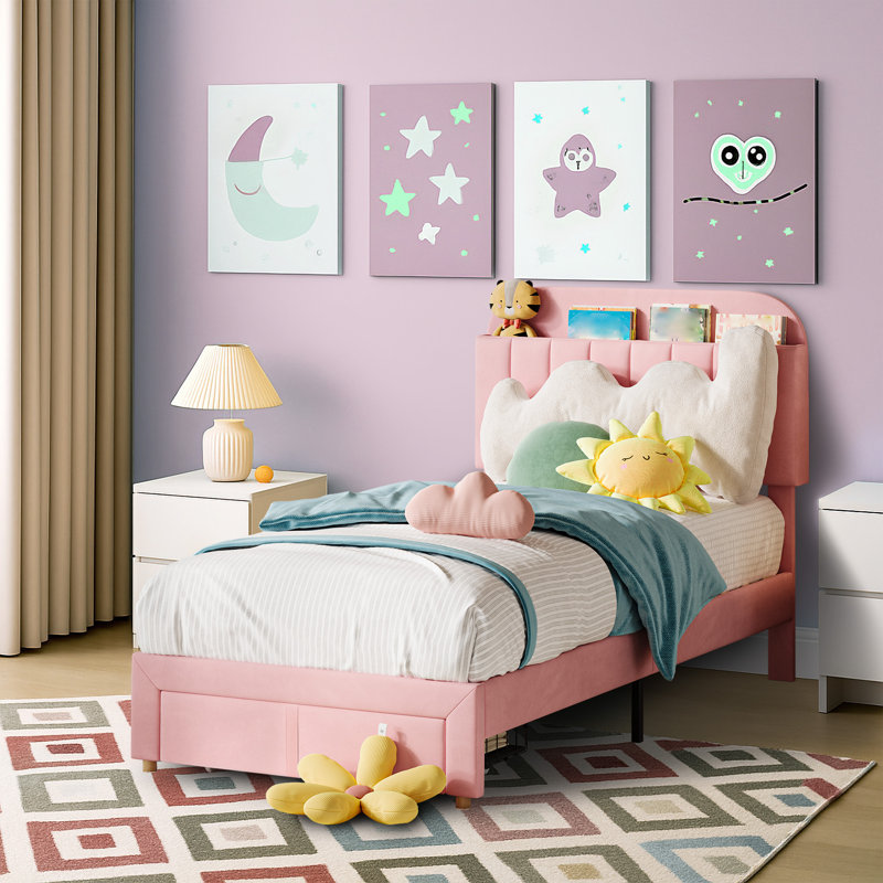 Twin Upholstered Platform Bed for Kids with Bookcase Headboard and Storage Drawer, Noise-Free Bed Frame for Boys and Girls